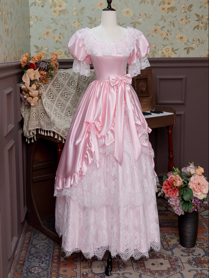 Pretty A-Line Square Neck Formal Dresses Lovely Lace Bows Short Sleeve Prom Dress AP3925