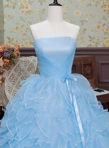 Delicate A-Line Strapless Sweet 16th Dresses Simple Bow Ruffles Tulle Prom Dress AP3926