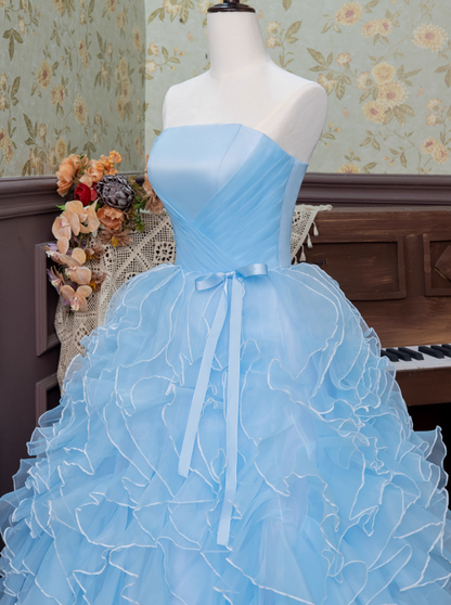 Delicate A-Line Strapless Sweet 16th Dresses Simple Bow Ruffles Tulle Prom Dress AP3926