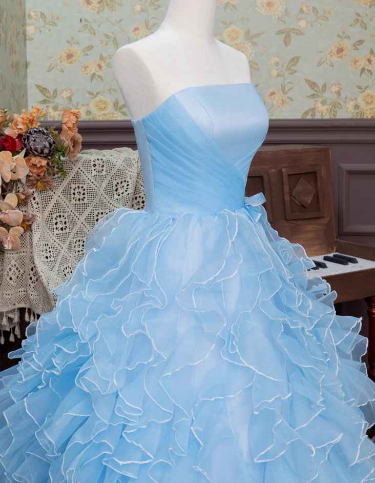 Delicate A-Line Strapless Sweet 16th Dresses Simple Bow Ruffles Tulle Prom Dress AP3926