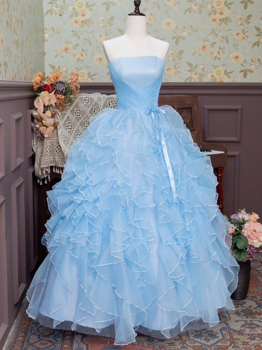 Delicate A-Line Strapless Sweet 16th Dresses Simple Bow Ruffles Tulle Prom Dress AP3926