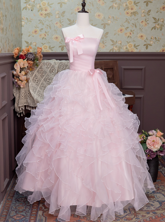 Hot Girls Strapless A-Line Sweet 16th Dresses Sweet Pink Bows Ruffles Tulle Prom Dress AP3927