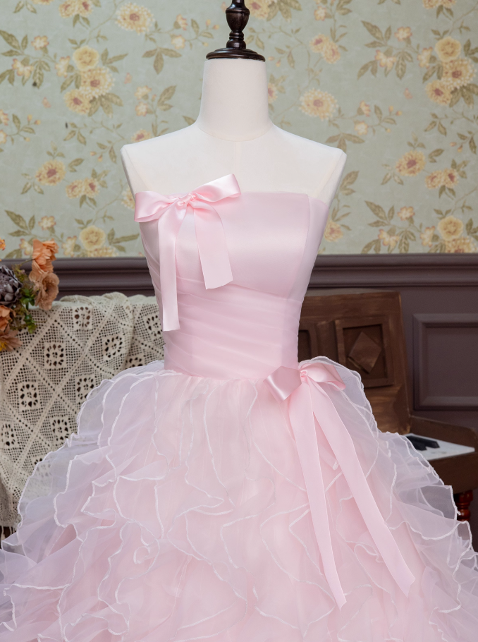 Hot Girls Strapless A-Line Sweet 16th Dresses Sweet Pink Bows Ruffles Tulle Prom Dress AP3927