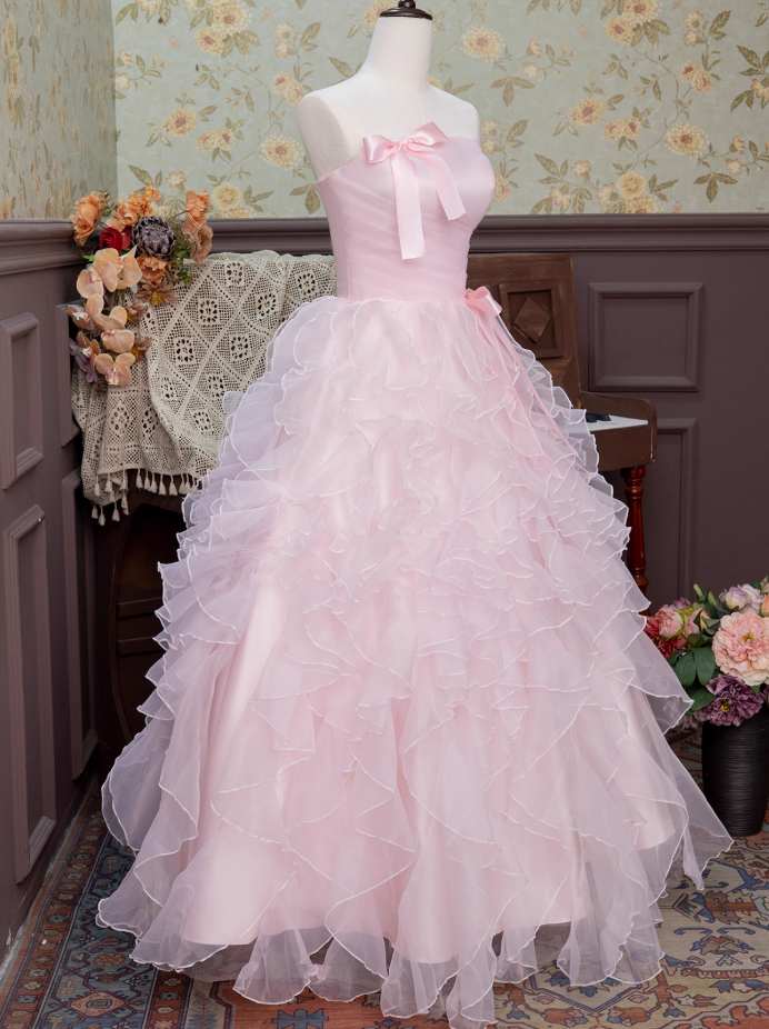 Hot Girls Strapless A-Line Sweet 16th Dresses Sweet Pink Bows Ruffles Tulle Prom Dress AP3927
