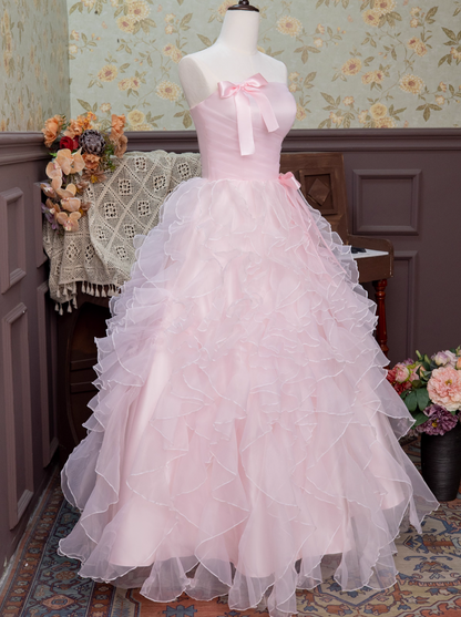 Hot Girls Strapless A-Line Sweet 16th Dresses Sweet Pink Bows Ruffles Tulle Prom Dress AP3927