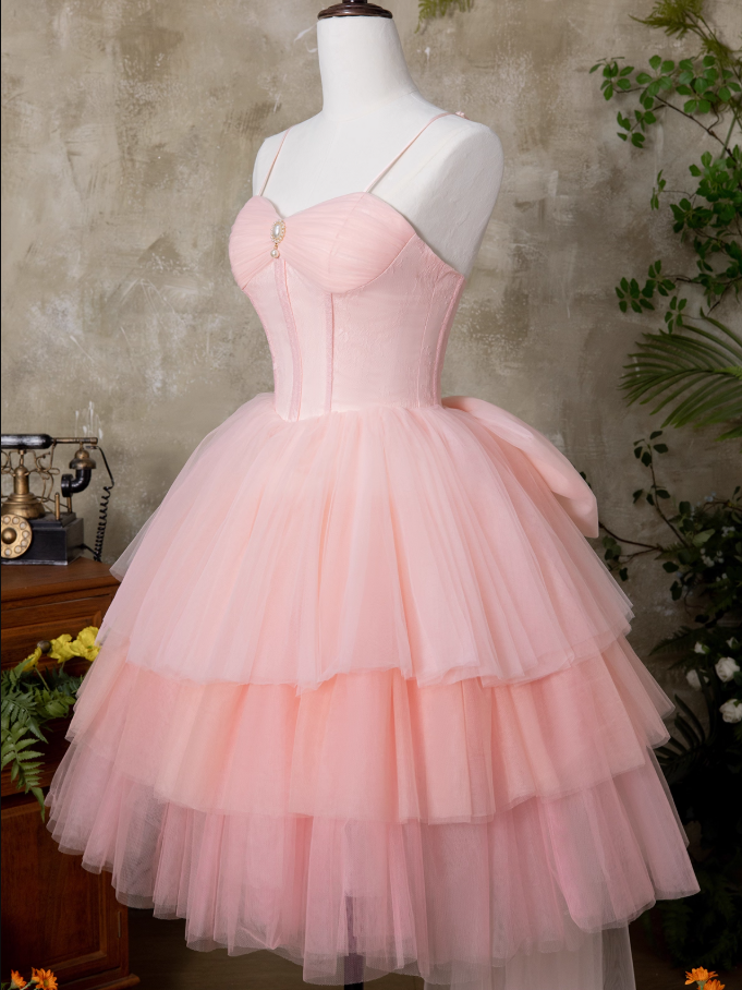 Hottie A-Line Spaghetti Straps Birthday Gowns Adorable Lace Pearl Tiered Tulle Bow Homecoming Dress AP3929