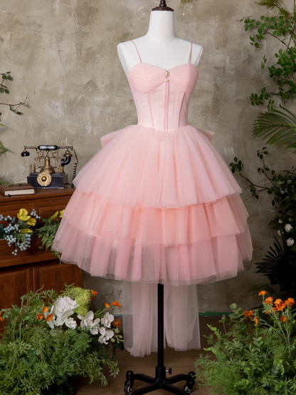 Hottie A-Line Spaghetti Straps Birthday Gowns Adorable Lace Pearl Tiered Tulle Bow Homecoming Dress AP3929