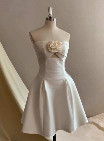 New Tendency Strapless A-Line Birthday Dress Casual Satin Handmade Flower Cutout Homecoming Dress AP3931