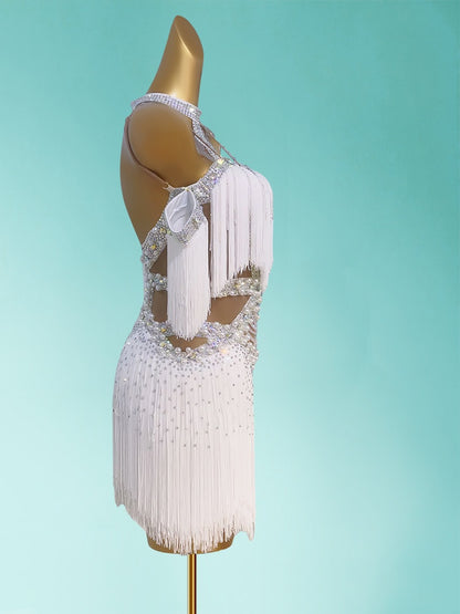 Ethereal Spaghetti Strap Sheath White Birthday Gowns Vogue Pearls Tassel Sequins Homecoming Dress AP3963