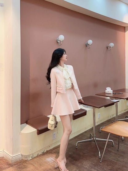 Dopamine Style Jewel Neck Long Sleeve Mini Skirt Sweet 2-Piece Set A-Line Beaded Short Dress AP3979