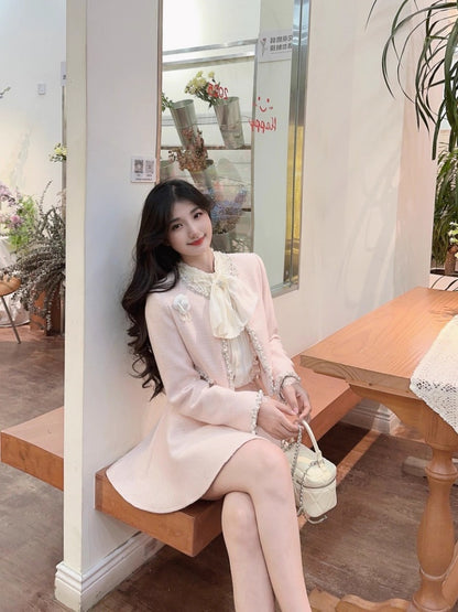 Dopamine Style Jewel Neck Long Sleeve Mini Skirt Sweet 2-Piece Set A-Line Beaded Short Dress AP3979