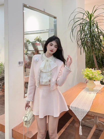 Dopamine Style Jewel Neck Long Sleeve Mini Skirt Sweet 2-Piece Set A-Line Beaded Short Dress AP3979