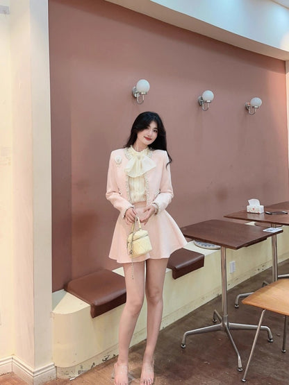 Dopamine Style Jewel Neck Long Sleeve Mini Skirt Sweet 2-Piece Set A-Line Beaded Short Dress AP3979