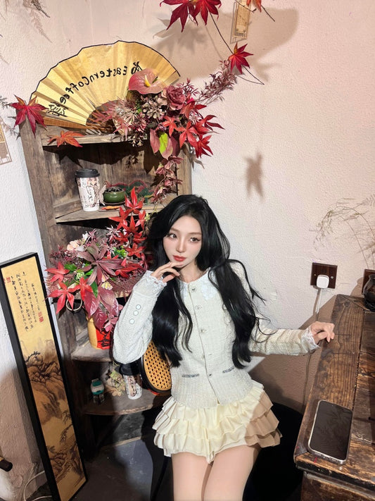 Adorable Long Sleeve Jewel Neck Mini Skirt Refined 2-Piece Set A-Line Tiered Short Dress AP3980