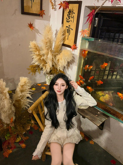 Adorable Long Sleeve Jewel Neck Mini Skirt Refined 2-Piece Set A-Line Tiered Short Dress AP3980