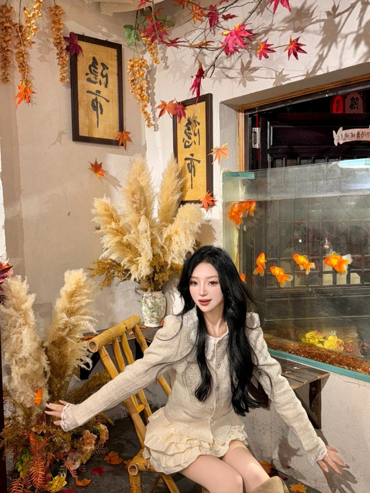 Adorable Long Sleeve Jewel Neck Mini Skirt Refined 2-Piece Set A-Line Tiered Short Dress AP3980