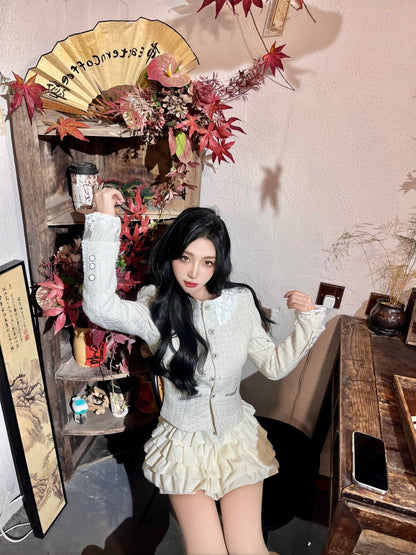 Adorable Long Sleeve Jewel Neck Mini Skirt Refined 2-Piece Set A-Line Tiered Short Dress AP3980