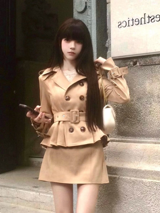 Simple Long Sleeve V Neck Mini Skirt Glam 2-Piece Set Cinched-Waist Sheath Short Dress AP3981