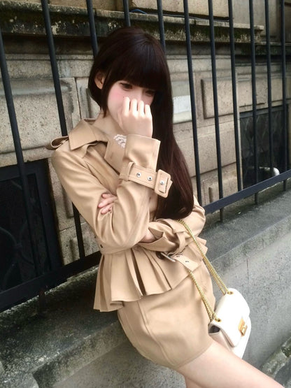 Simple Long Sleeve V Neck Mini Skirt Glam 2-Piece Set Cinched-Waist Sheath Short Dress AP3981