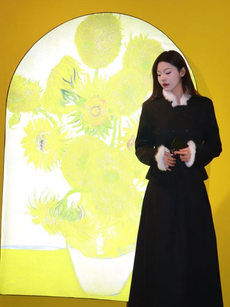 Playful 2-Piece Set A-Line Maxi Dresses Classical Black Long Sleeve Fur Trim Long Dress AP3982