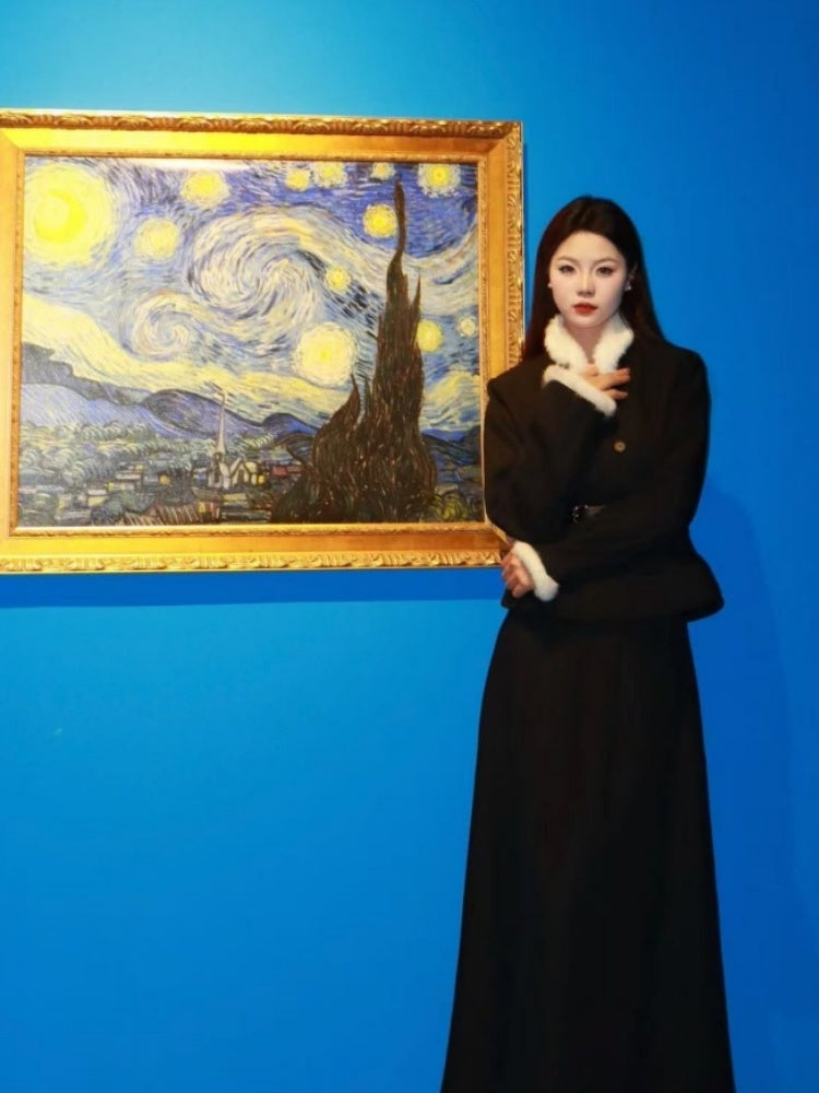 Playful 2-Piece Set A-Line Maxi Dresses Classical Black Long Sleeve Fur Trim Long Dress AP3982