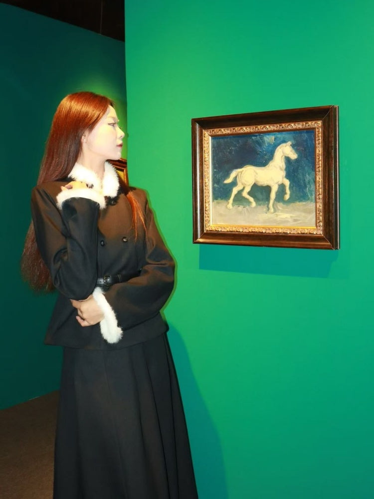 Playful 2-Piece Set A-Line Maxi Dresses Classical Black Long Sleeve Fur Trim Long Dress AP3982