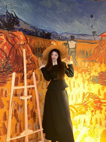 Playful 2-Piece Set A-Line Maxi Dresses Classical Black Long Sleeve Fur Trim Long Dress AP3982