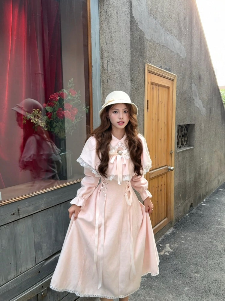 Bling 2-Piece Set A-Line Lace Trim Maxi Dresses Sweet Lapel Bow Long Sleeve Lace-Up Long Dress AP3983