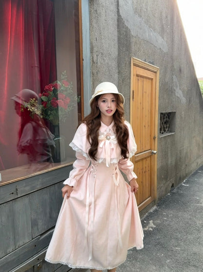 Bling 2-Piece Set A-Line Lace Trim Maxi Dresses Sweet Lapel Bow Long Sleeve Lace-Up Long Dress AP3983