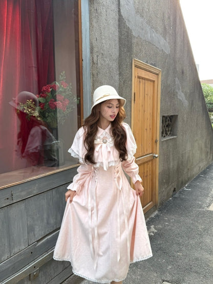 Bling 2-Piece Set A-Line Lace Trim Maxi Dresses Sweet Lapel Bow Long Sleeve Lace-Up Long Dress AP3983