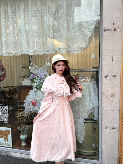 Bling 2-Piece Set A-Line Lace Trim Maxi Dresses Sweet Lapel Bow Long Sleeve Lace-Up Long Dress AP3983