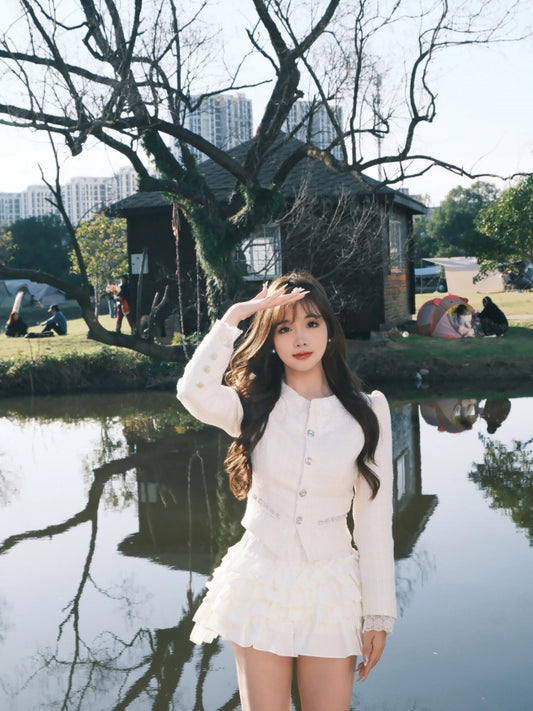 Stylish 2-Piece Set Jewel Neck Mini Skirt Elegant A-Line Long Sleeve Tiered Short Dress AP3984