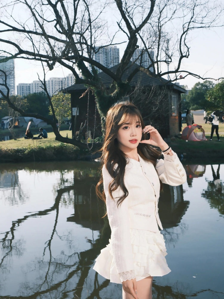 Stylish 2-Piece Set Jewel Neck Mini Skirt Elegant A-Line Long Sleeve Tiered Short Dress AP3984