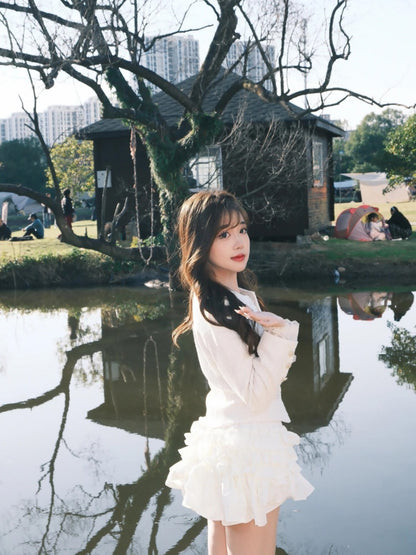 Stylish 2-Piece Set Jewel Neck Mini Skirt Elegant A-Line Long Sleeve Tiered Short Dress AP3984