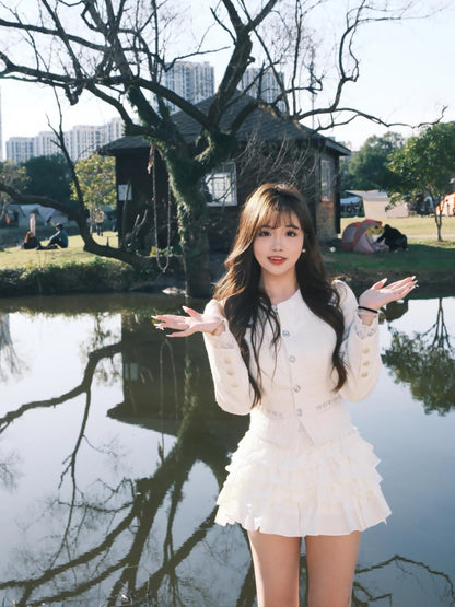 Stylish 2-Piece Set Jewel Neck Mini Skirt Elegant A-Line Long Sleeve Tiered Short Dress AP3984