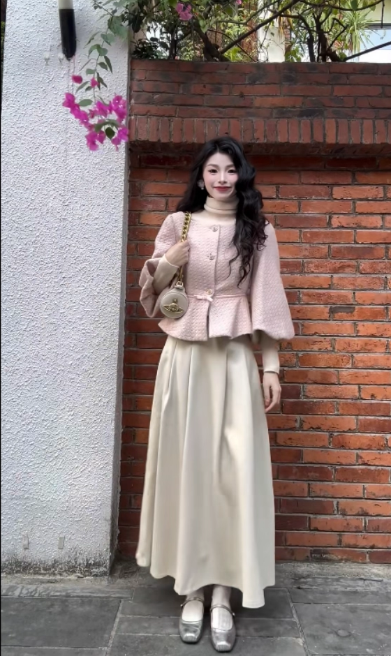 Fitted 2-Piece Set A-Line Travel Outfit Maxi Dresses Charming Puffy Long Sleeve Long Dress AP3985