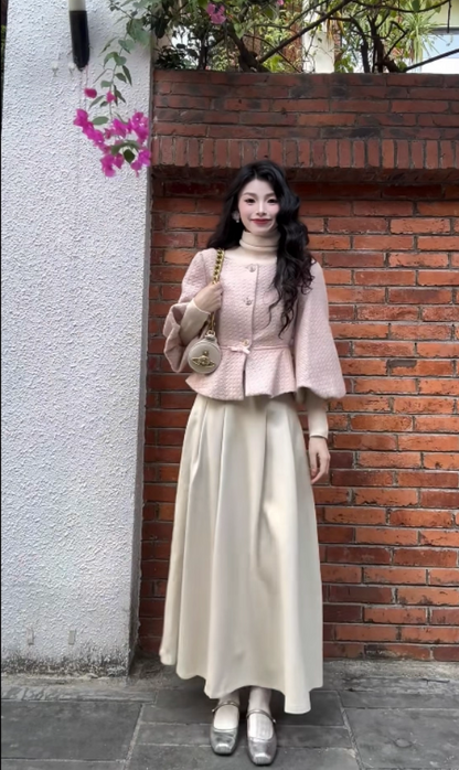 Fitted 2-Piece Set A-Line Travel Outfit Maxi Dresses Charming Puffy Long Sleeve Long Dress AP3985