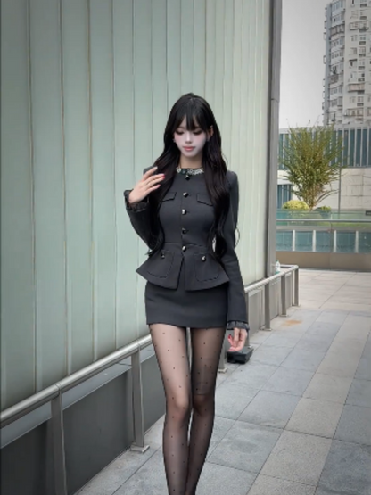 Flattering Long Sleeve Jewel Neck Office Outfit Mini Skirt Sexy 2-Piece Set Sheath Short Dress AP3986