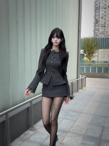 Flattering Long Sleeve Jewel Neck Office Outfit Mini Skirt Sexy 2-Piece Set Sheath Short Dress AP3986