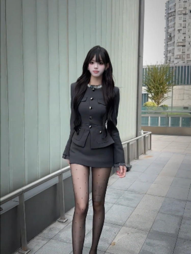 Flattering Long Sleeve Jewel Neck Office Outfit Mini Skirt Sexy 2-Piece Set Sheath Short Dress AP3986