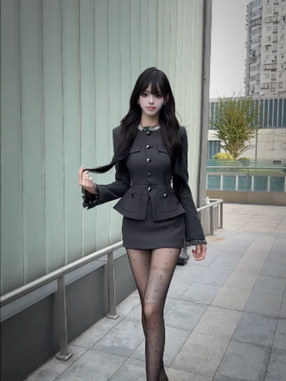 Flattering Long Sleeve Jewel Neck Office Outfit Mini Skirt Sexy 2-Piece Set Sheath Short Dress AP3986