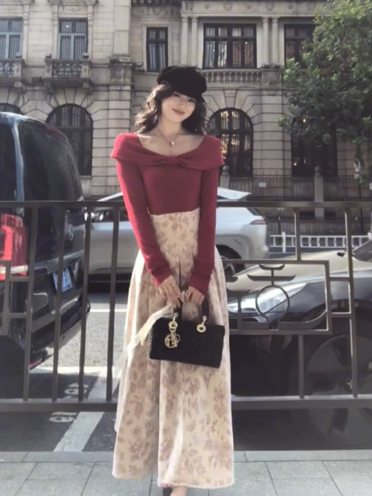 Attractive 2-Piece Set Square Neck Floral Maxi Dresses Lovely A-Line Long Sleeve Long Dress AP3988