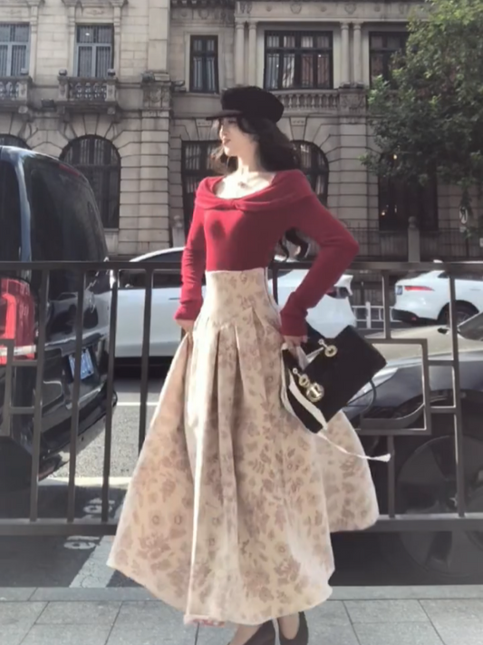 Attractive 2-Piece Set Square Neck Floral Maxi Dresses Lovely A-Line Long Sleeve Long Dress AP3988