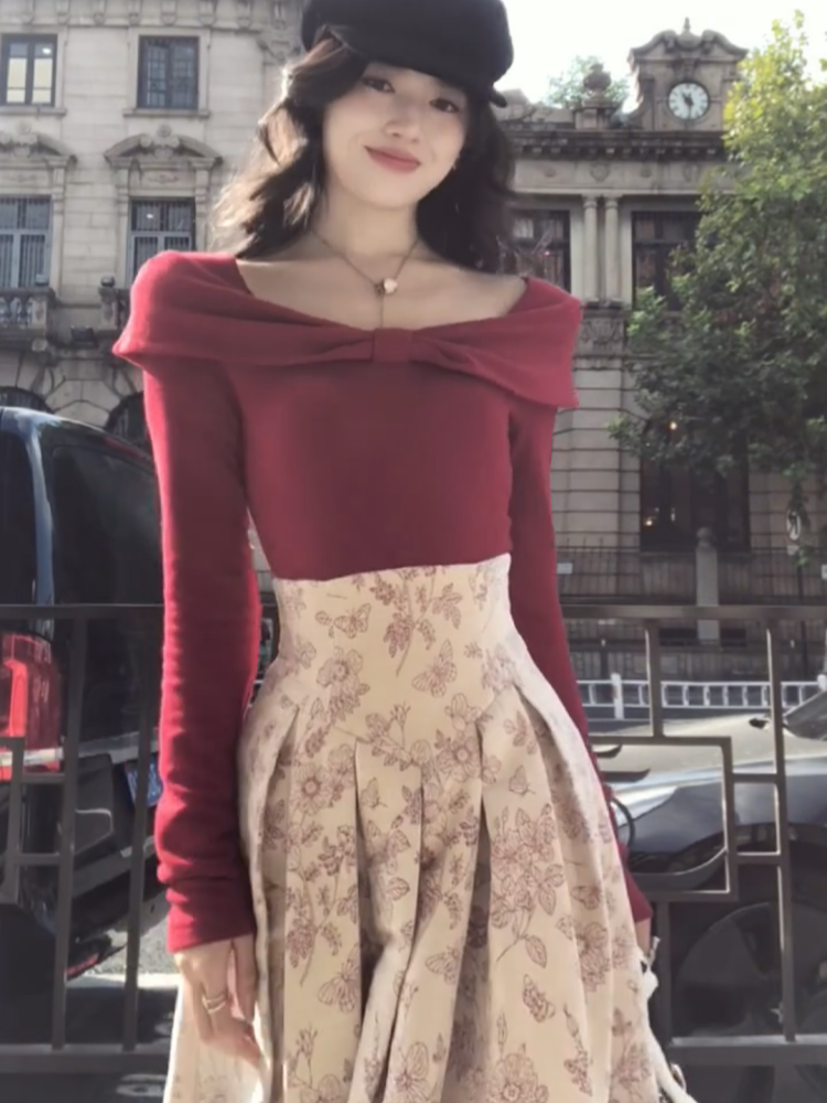 Attractive 2-Piece Set Square Neck Floral Maxi Dresses Lovely A-Line Long Sleeve Long Dress AP3988