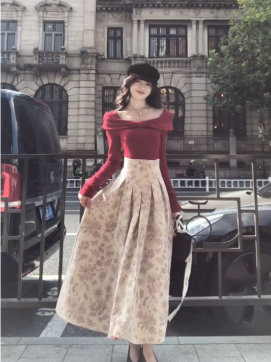 Attractive 2-Piece Set Square Neck Floral Maxi Dresses Lovely A-Line Long Sleeve Long Dress AP3988