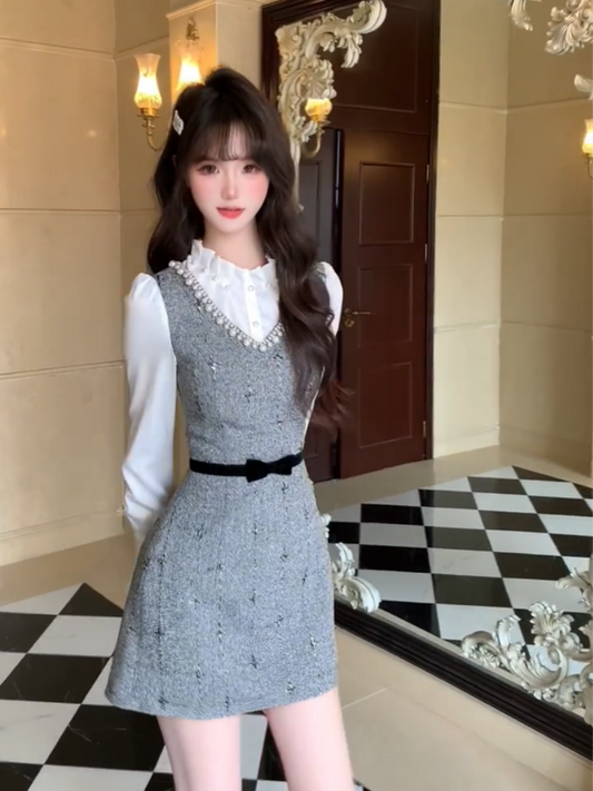 Sexy Jewel Neck Cinched-Waist Long Sleeve Mini Skirt Glamorous 2-Piece Set A-Line Short Dress AP3989