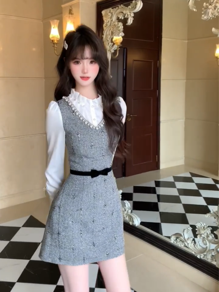 Sexy Jewel Neck Cinched-Waist Long Sleeve Mini Skirt Glamorous 2-Piece Set A-Line Short Dress AP3989