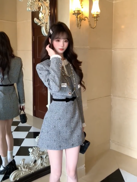 Sexy Jewel Neck Cinched-Waist Long Sleeve Mini Skirt Glamorous 2-Piece Set A-Line Short Dress AP3989