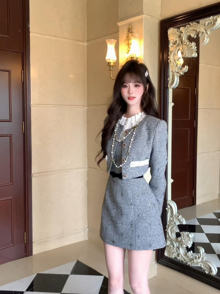 Sexy Jewel Neck Cinched-Waist Long Sleeve Mini Skirt Glamorous 2-Piece Set A-Line Short Dress AP3989