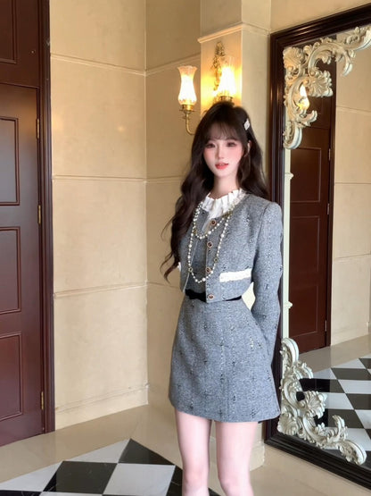 Sexy Jewel Neck Cinched-Waist Long Sleeve Mini Skirt Glamorous 2-Piece Set A-Line Short Dress AP3989